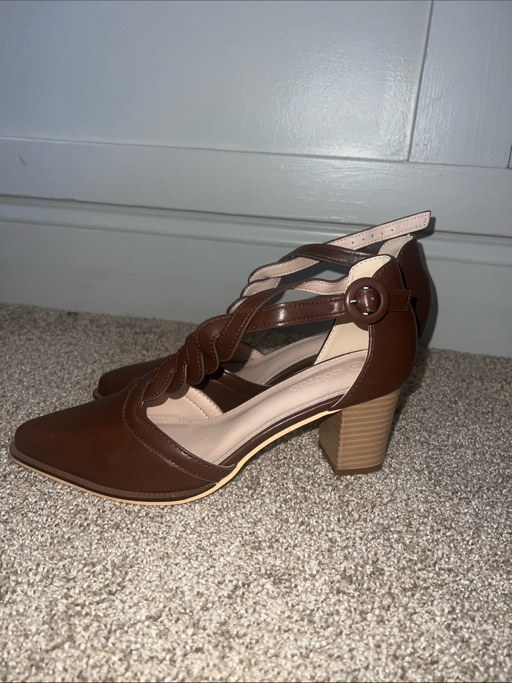 Coutgo Brown Braided Strap Pointed Toe Womens Heels - Picture 3 of 6